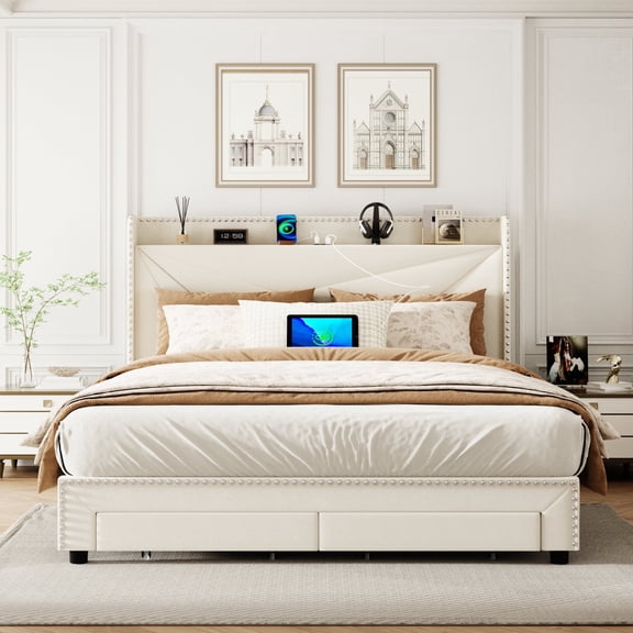 VIPLOV King Size Bed Frame with Charging Station and Storage Drawers, Platform bed frames , Easy Assembly, Noise-Free, No Box Spring,Beige