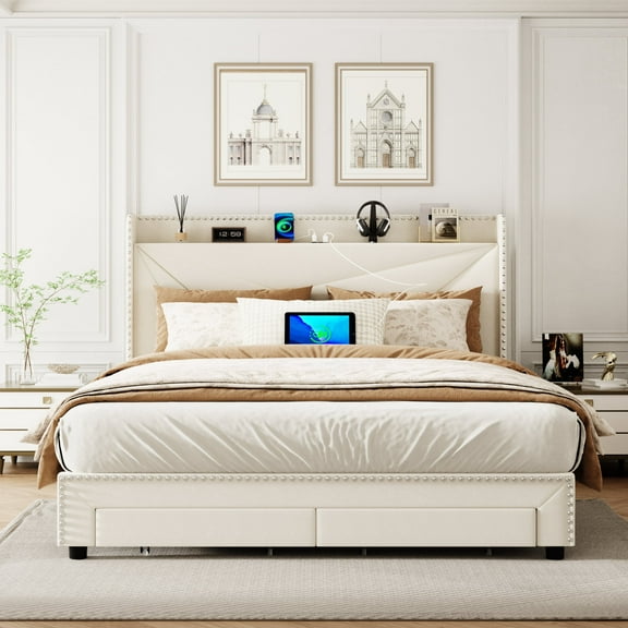 VIPLOV King Size Bed Frame with Charging Station and Storage Drawers, Platform bed frames , Easy Assembly, Noise-Free, No Box Spring,Beige