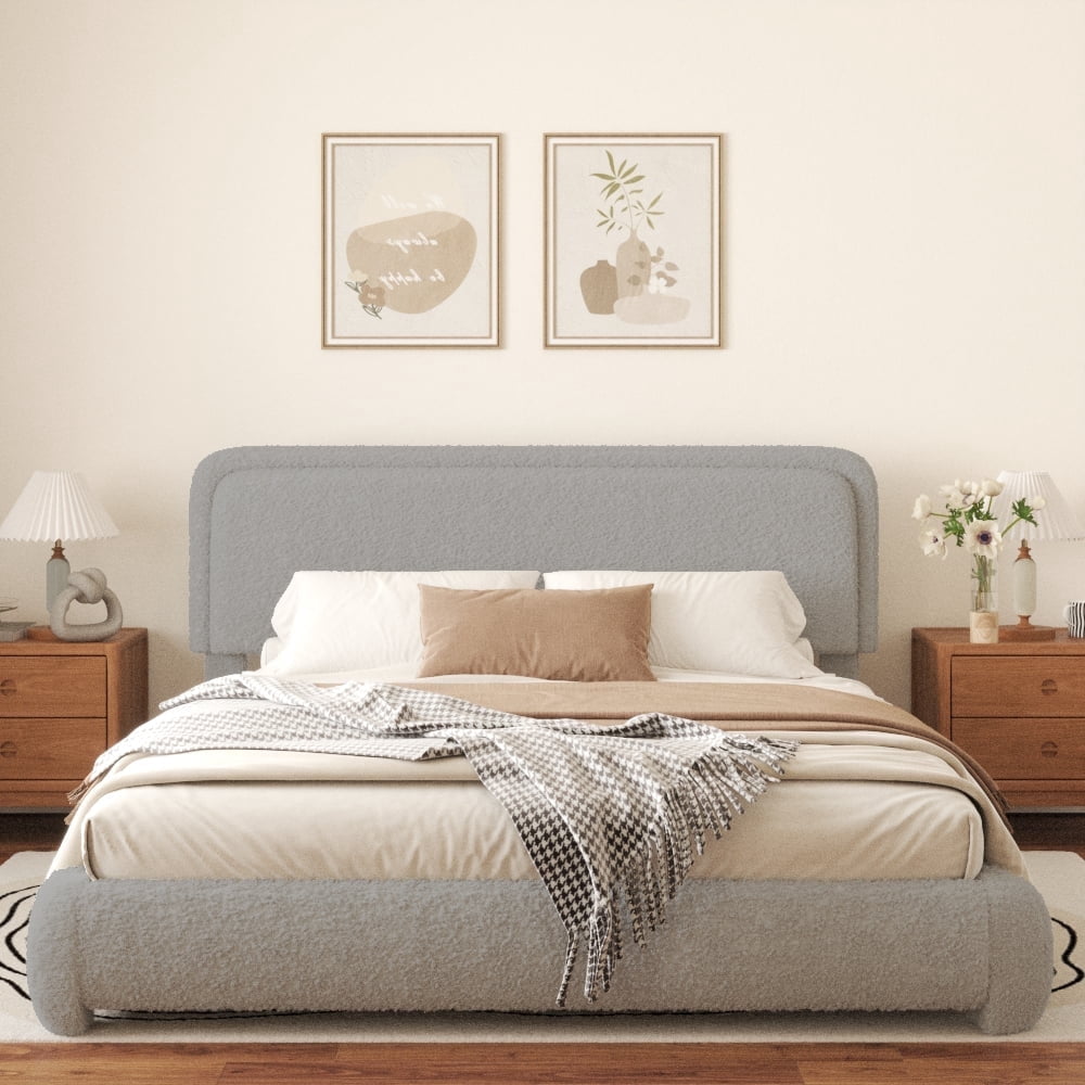 VIPLOV King Size Boucle Bed Frame, Cloud Upholstered Platform Bed with Height Adjustable Headboard & Soft Rounded Corners, No Noise Free, Easy Assembly.light gray