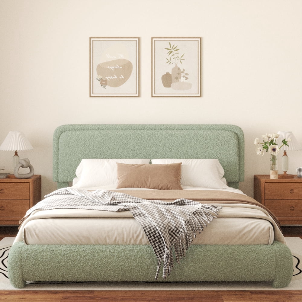 VIPLOV King Size Boucle Bed Frame, Cloud Upholstered Platform Bed with Height Adjustable Headboard & Soft Rounded Corners, No Noise Free, Easy Assembly.Green