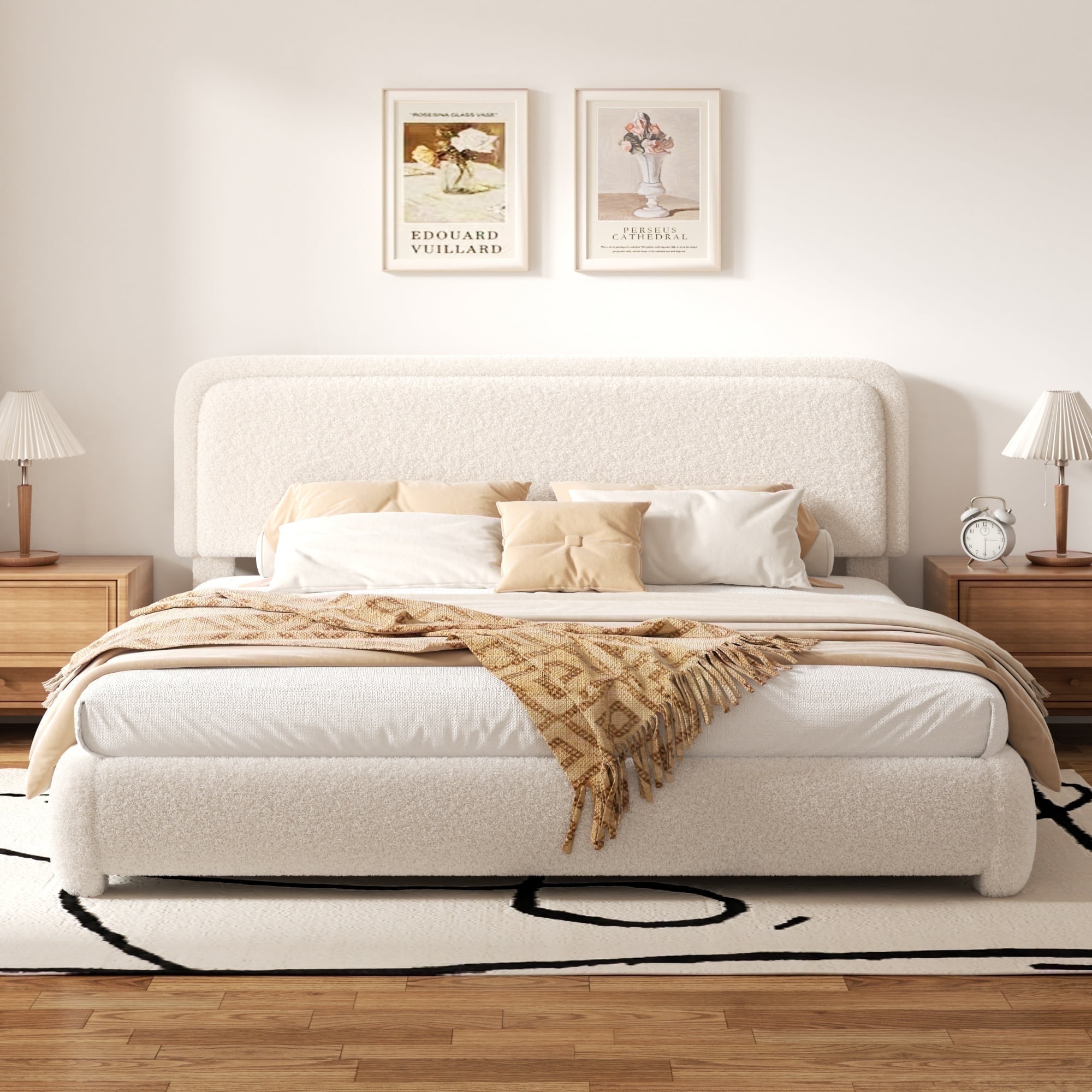 VIPLOV King Size Boucle Bed Frame, Cloud Upholstered Platform Bed with Height Adjustable Headboard & Soft Rounded Corners, No Noise Free, Easy Assembly,Beige