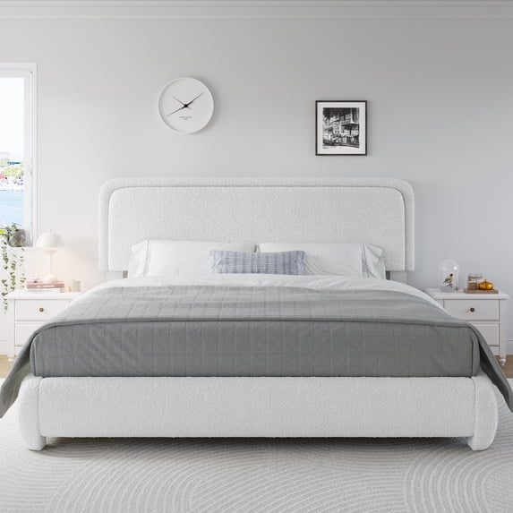 VIPLOV King Size Boucle Bed Frame, Cloud Upholstered Platform Bed with Height Adjustable Headboard & Soft Rounded Corners, No Noise Free, Easy Assembly,White