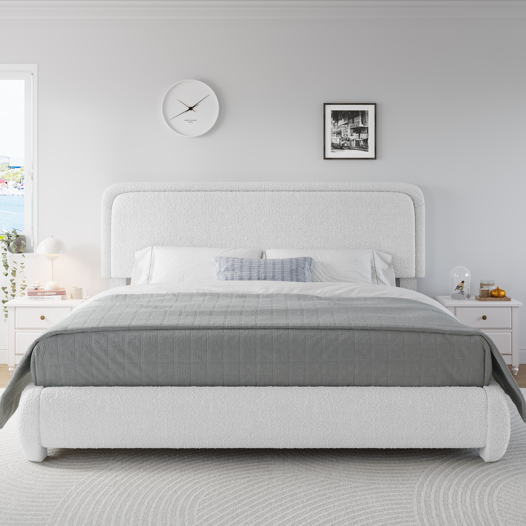 VIPLOV King Size Boucle Bed Frame, Cloud Upholstered Platform Bed with Height Adjustable Headboard & Soft Rounded Corners, No Noise Free, Easy Assembly,White