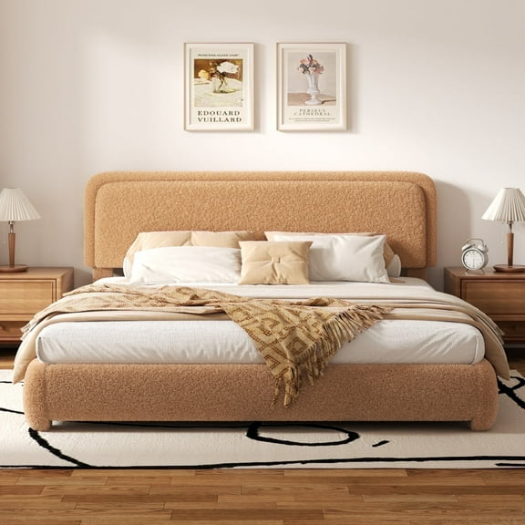 VIPLOV King Size Boucle Bed Frame, Cloud Upholstered Platform Bed with Height Adjustable Headboard & Soft Rounded Corners, No Noise Free, Easy Assembly,Brown