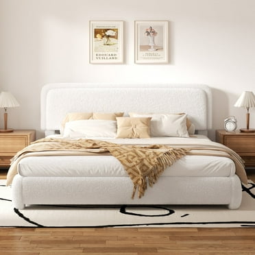 VIPLOV King Size Boucle Bed Frame, Cloud Upholstered Platform Bed with Height Adjustable Headboard & Soft Rounded Corners, No Noise Free, Easy Assembly