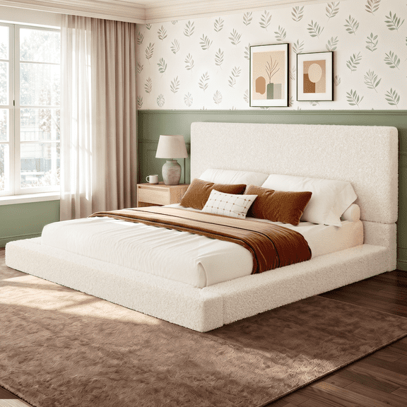 VIPLOV King Size Boucle Bed Frame, Upholstered Floor Platform Bed with Headboard, Soft Cloud Bed with Thickened Wide Bedside,Easy Assembly, Beige