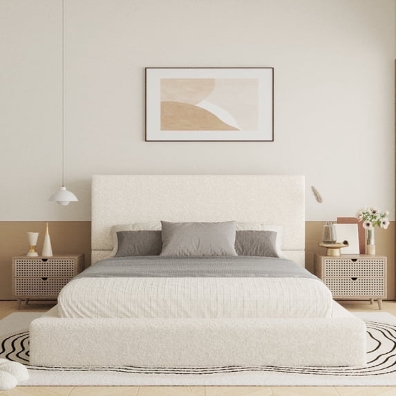 VIPLOV King Size Boucle Bed Frame,Upholstered Floor Platform Bed with Headboard,Soft Cloud Bed with Thickened Wide Bedside,Easy Assembly, Cream