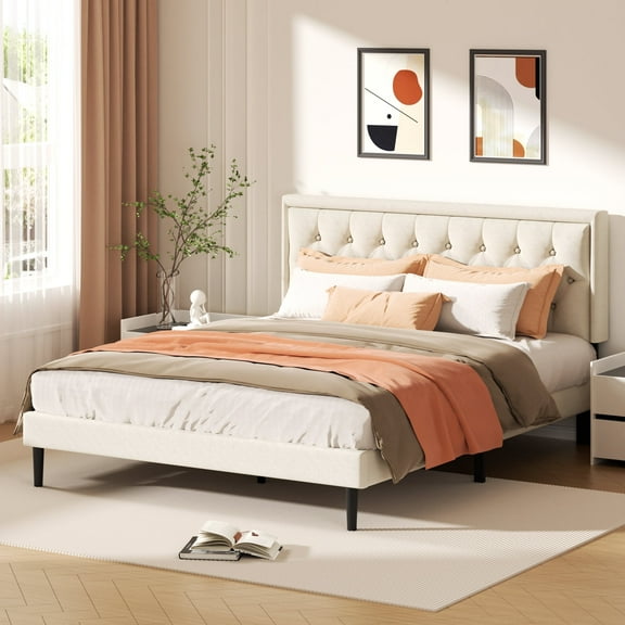 VIPLOV King Size Platform Bed Frame with Upholstered Velvet Button Tufted Headboard, Mattress Foundation with Wooden Slat Support, No Box Spring Needed, Easy Assembly, Noise Free, Beige