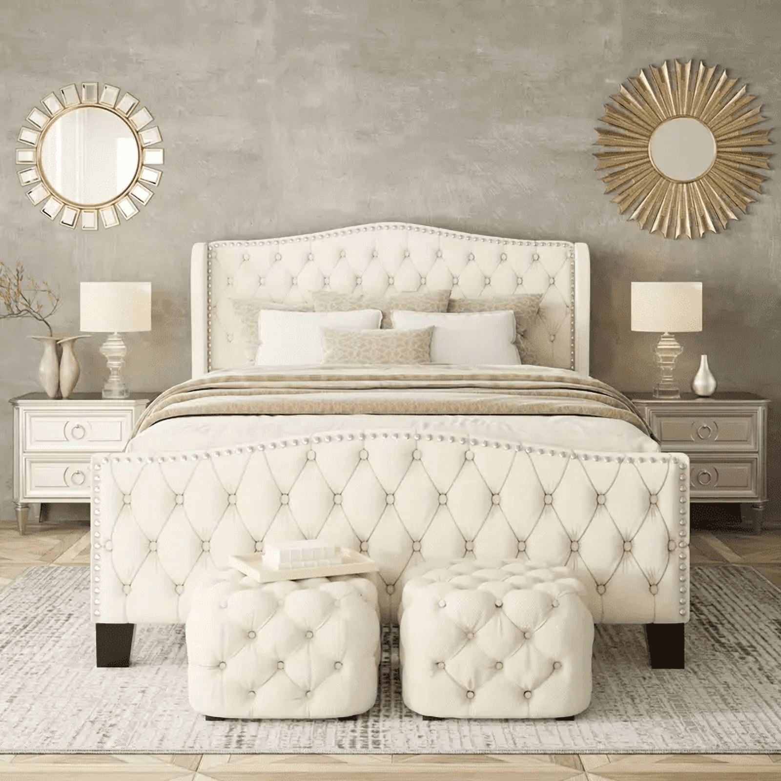 VIPLOV King Size Bed Frame with 51-inch Tall Camelback Headboard & Wingback, Deep Button Tufted Footboard with Nailhead Trim, Cream
