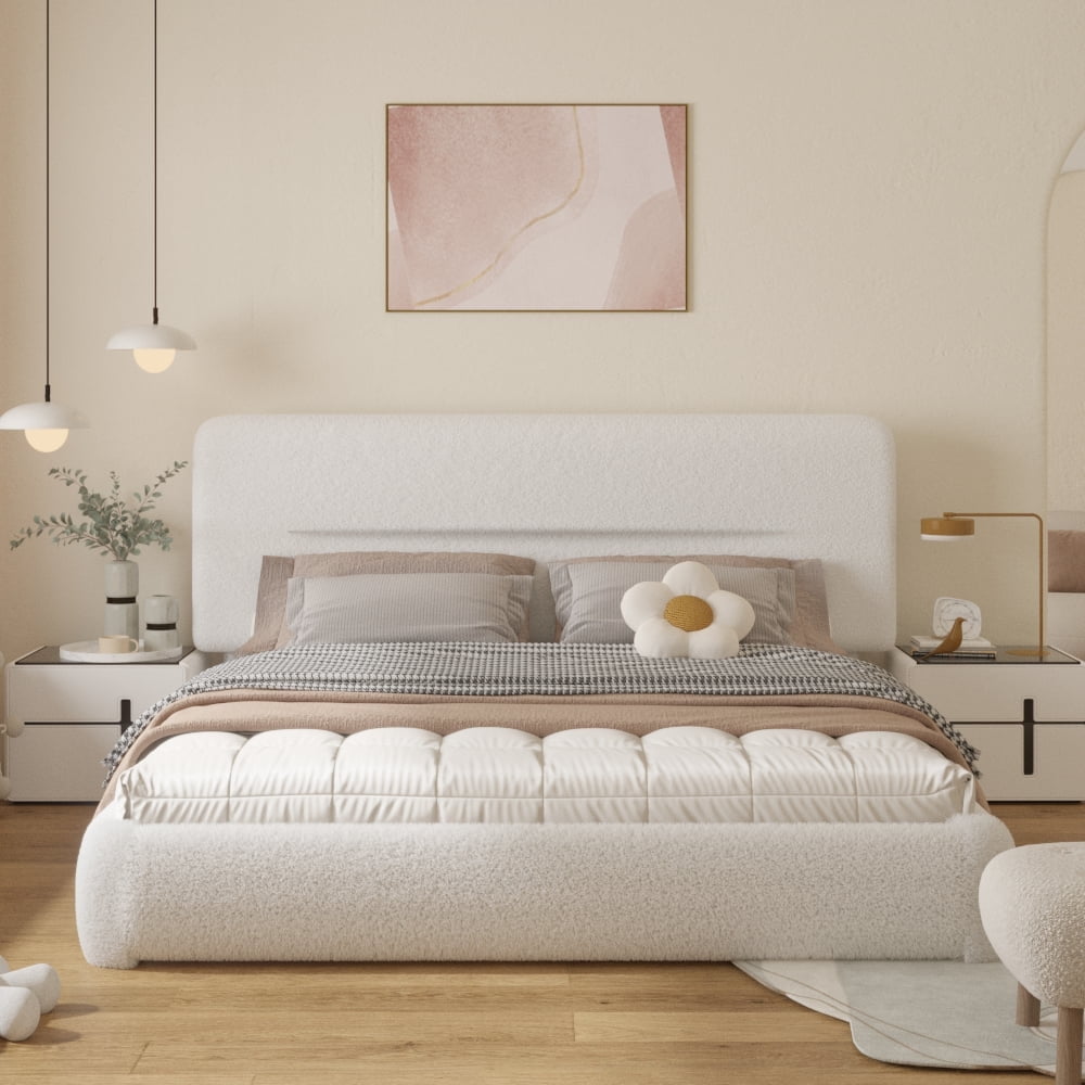 VIPLOV King size Cloud Bed Frame, Boucle Bed with Adjustable Headboard, Soft Rounded Corner Guards, Silent Design, Easy to Assemble, White,