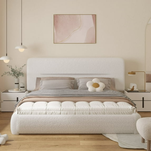 VIPLOV King size Cloud Bed Frame, Boucle Bed with Adjustable Headboard, Soft Rounded Corner Guards, Silent Design, Easy to Assemble, White,