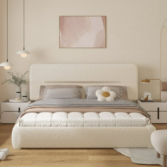 VIPLOV King size Cloud Bed Frame, Boucle Bed with Adjustable Headboard, Soft Rounded Corner Guards, Silent Design, Easy to Assemble,BEIGE