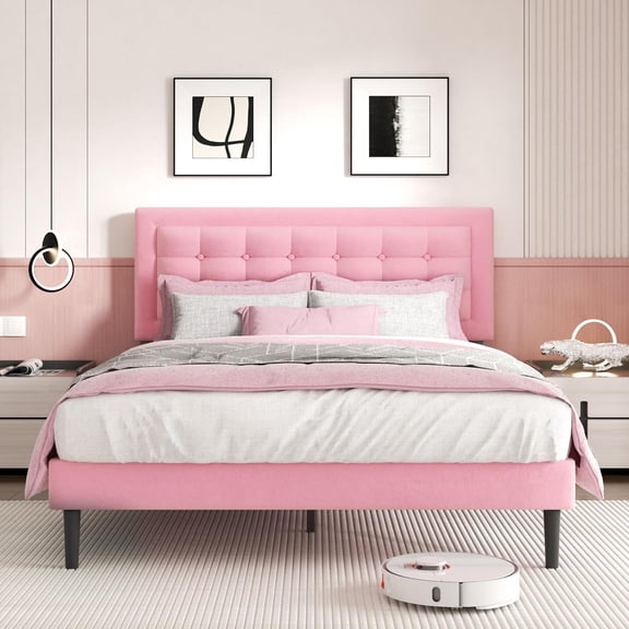 VIPLOV Pink Bed Frame,King Size Bed Frames with pholstered Headboard, Easy Assembly, Pink