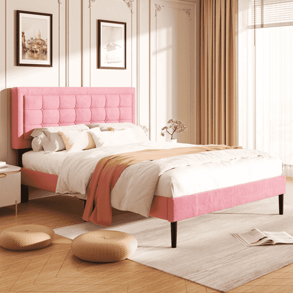 VIPLOV Pink Bed Frame,King Size Bed Frames with pholstered Headboard, Easy Assembly, Pink