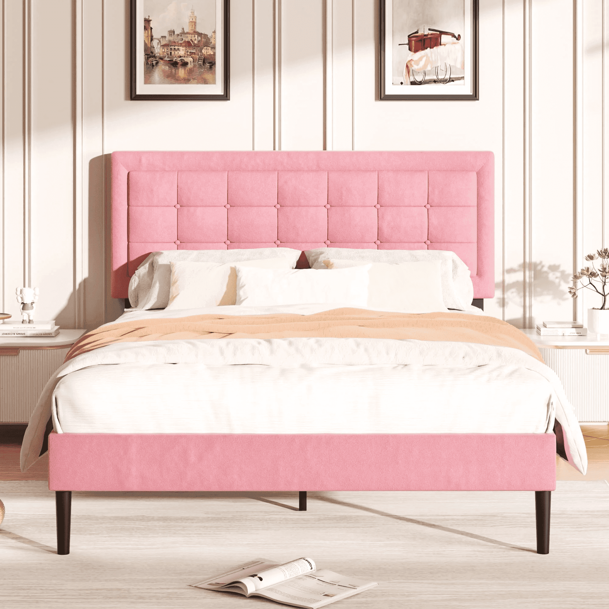 VIPLOV Pink Queen Size Bed Frame with Button Headboard, Platform ...