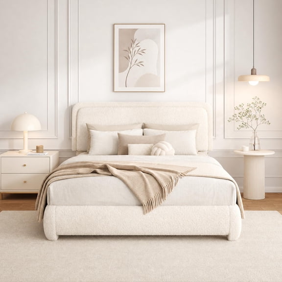 DAIILIO Queen Size Boucle Bed Frame，Upholstered Floor Platform Bed with Headboard，Soft Cloud Bed with Thickened Wide Bedside，Easy Assembly, Beige