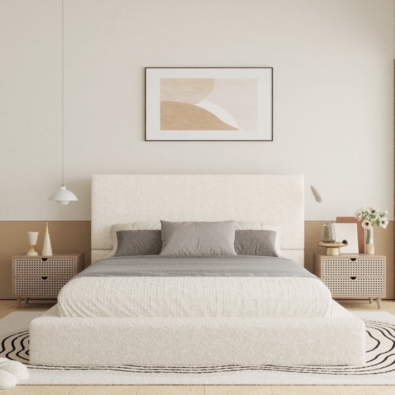VIPLOV QUEEN Size Boucle Bed Frame，Upholstered Floor Platform Bed with Headboard，Soft Cloud Bed with Thickened Wide Bedside，Easy Assembly, Cream