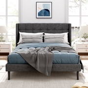 VIPLOV Queen Bed Frame with Box-Tufted Headboard and Upholstered Wingback, Modern Platform Bed Frame , Easy Assembly, Black