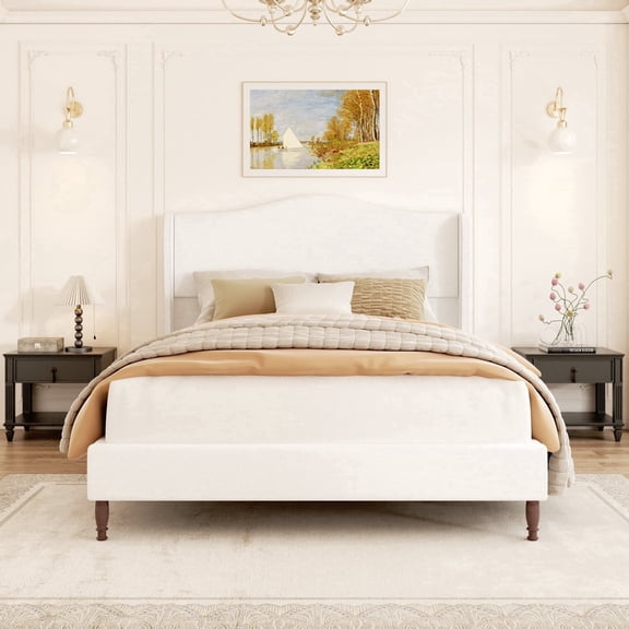 VIPLOV Queen Size Bed Frame with 51" Tall Headboard, Chenille Upholstered Platform Bed Frames , No Box Spring Needed, Noise Free, Easy Assembly, Beige