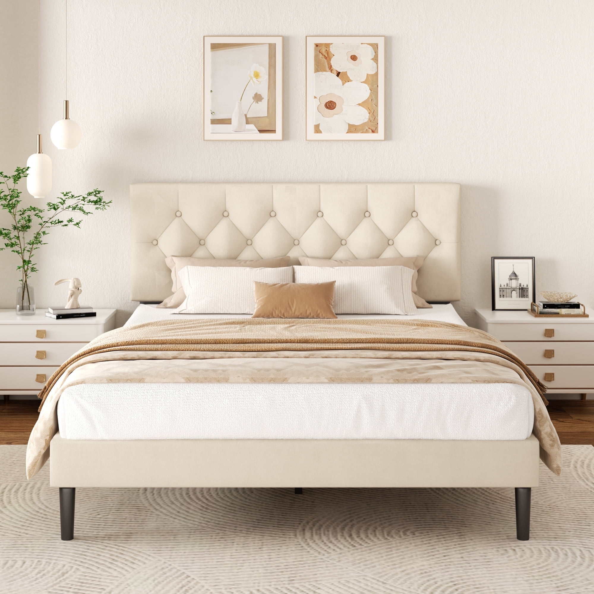 VIPLOV Queen Size Bed Frame , Modern Fabric Upholstered Platform Bed Frame with Strong Wood Slat Support, Easy Assembly,BEIGE