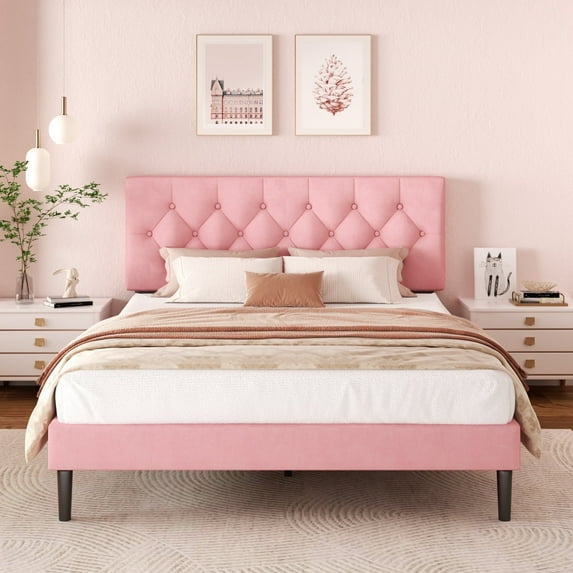 VIPLOV Queen Size Bed Frame , Modern Fabric Upholstered Platform Bed Frame with Strong Wood Slat Support, Easy Assembly,PINK