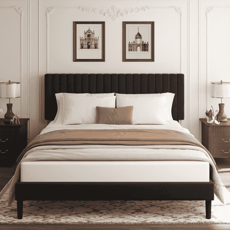 VIPLOV Queen Size Bed Frame with Velvet Upholstered Headboard, Platform Bed with Strong Wood Slats, Mattress Foundation, Box Spring Optional,Easy Assembly, Black
