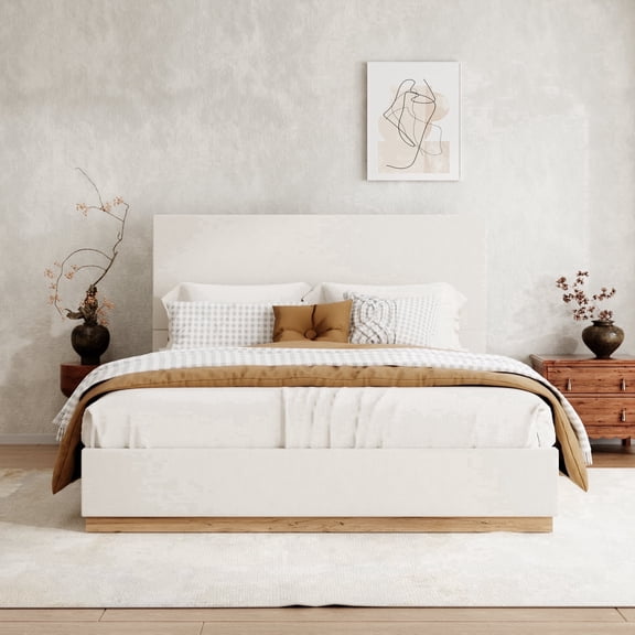 VIPLOV Queen Size Bed Frame with Headboard, Upholstered Bed Frames, with Enclosed Wood Base, Metal Structure & Wood Slats Support,No Noise,Easy Assembly,Beige