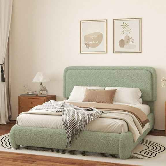 VIPLOV Queen Size Boucle Bed Frame, Cloud Upholstered Platform Bed with Height Adjustable Headboard & Soft Rounded Corners, No Noise Free, Easy Assembly,Green