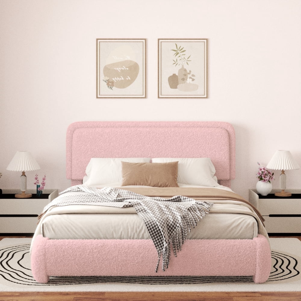 VIPLOV Pink Queen Size Boucle Bed Frame, Cloud Upholstered Platform Bed ...