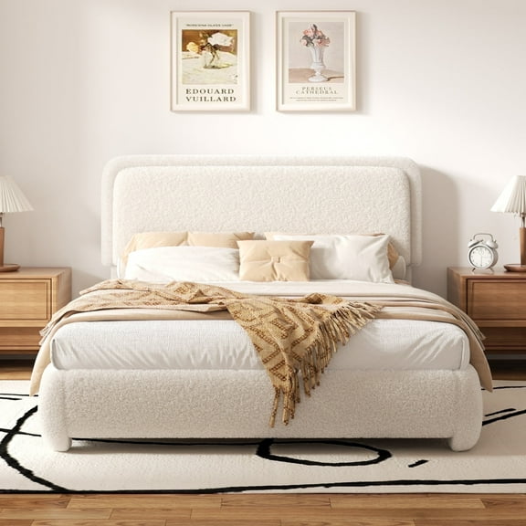 VIPLOV Queen Size Boucle Bed Frame, Cloud Upholstered Platform Bed with Height Adjustable Headboard & Soft Rounded Corners, No Noise Free, Easy Assembly,Beige