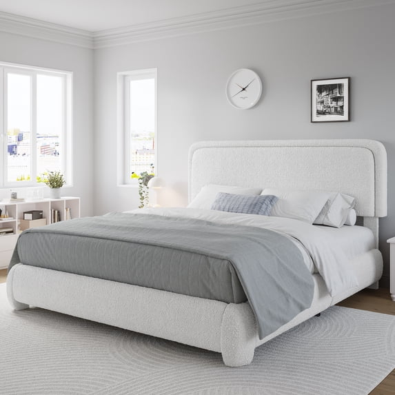 VIPLOV Queen Size Boucle Bed Frame, Cloud Upholstered Platform Bed with Height Adjustable Headboard & Soft Rounded Corners, Easy Assembly,White
