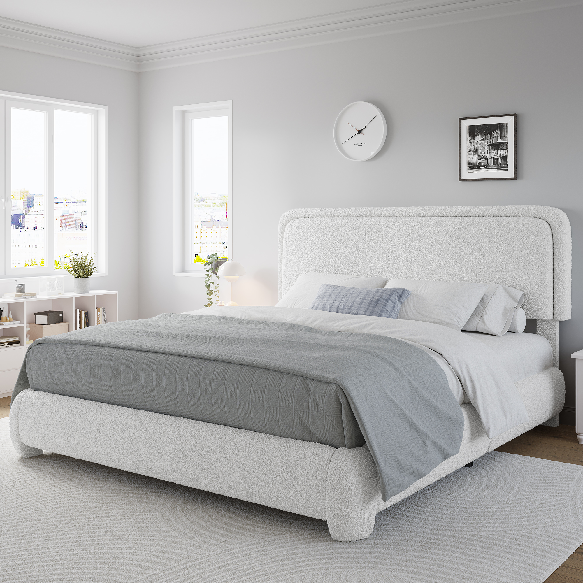VIPLOV Queen Size Boucle Bed Frame, Cloud Upholstered Platform Bed with Height Adjustable Headboard & Soft Rounded Corners, Easy Assembly,White