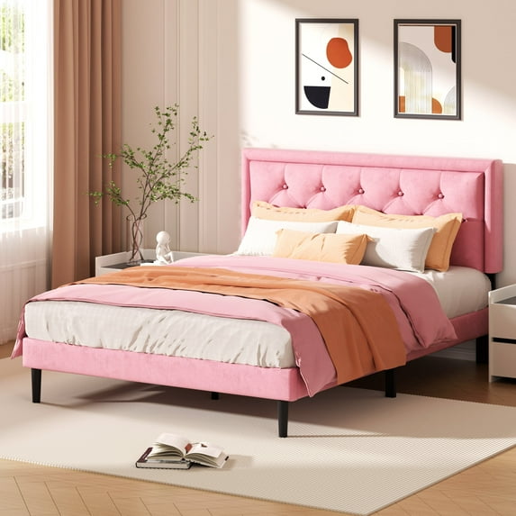 VIPLOV Queen Size Platform Bed Frame with Upholstered Velvet Button Tufted Headboard, Mattress Foundation with Wooden Slat Support, No Box Spring Needed, Easy Assembly, Noise Free,Pink