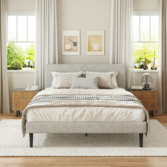 VIPLOV Twin Size Bed Frame, Upholstered Platform Bed Frame with Button Tufted Headboard, Mattress Foundation, Wooden Slats Support, Super Easy Assembly,Light Gray