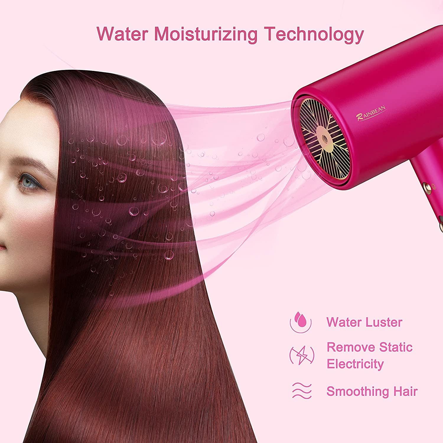 VIPMOON 1800W Water Ionic Hair Dryer, Blow Dryer with Magnetic Nozzle, 2 Speed and 3 Heat Settings, Powerful Low Noise Fast Drying Travel Hair Dryer for Home, Travel and Salon, Pink