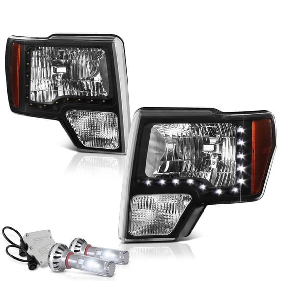 VIPMOTOZ LED Strip DRL OE-Style Headlight Headlamp Assembly For 2009-2014 Ford F-150 Pickup Truck Halogen Model, Driver & Passenger Side