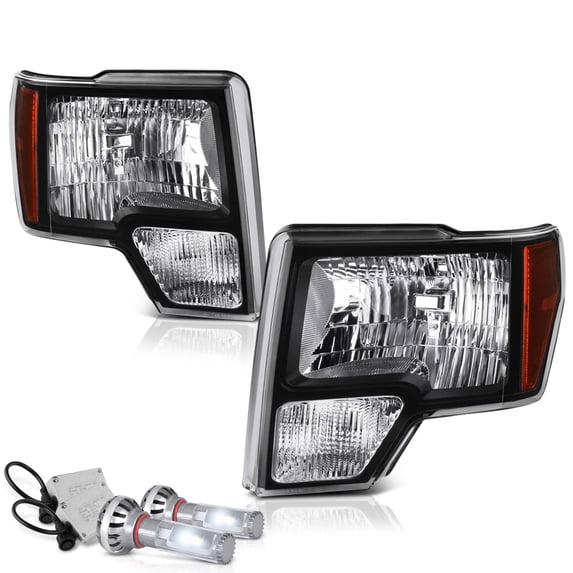 VIPMOTOZ Black Housing OE-Style Headlight Headlamp Assembly For 2009-2014 Ford F150 Pickup Truck Halogen Model - LED Low Beam, Driver & Passenger Side