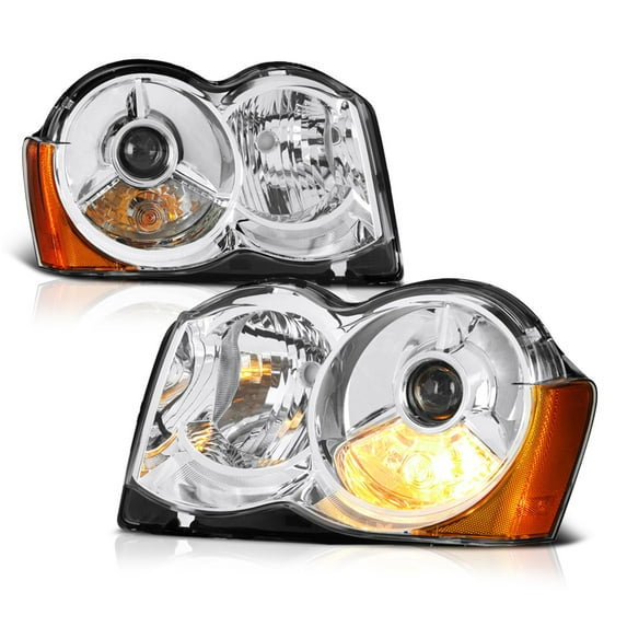 VIPMOTOZ Projector Headlight Assembly For 2008-2010 Jeep Grand Cherokee (Factory Halogen Model) - Metallic Chrome Housing, Driver and Passenger Side