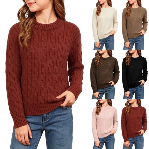 VIPOIN Boys Girls Cable Knit Crew Neck Sweater, Long Sleeve Soft Warm Fall Winter Top Daily Wear