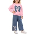 thumbnail image 1 of VIPOIN Girls 2 Piece Outfit Set, Bow Patch Crewneck Sweatshirt & Lace Trim Wide Leg Jeans, Cute Clothing Set, 1 of 6