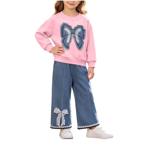 VIPOIN Girls 2 Piece Outfit Set, Bow Patch Crewneck Sweatshirt & Lace Trim Wide Leg Jeans, Cute Clothing Set