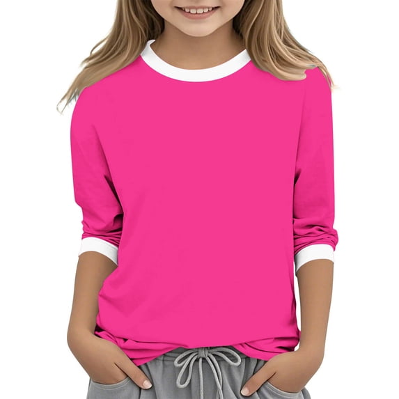 VIPOIN Girls 3/4 Length Sleeve T-Shirt Round Neck Contrast Trim Tee Versatile Basic Top