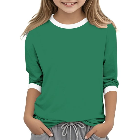 VIPOIN Girls 3/4 Length Sleeve T-Shirt Round Neck Contrast Trim Tee Versatile Basic Top