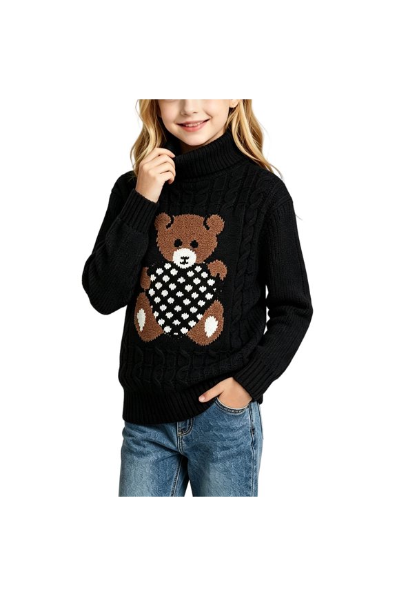 Girls Bear Pattern Mock Neck Sweater, Soft Thermal Knit Long Sleeve Fall Winter Jumper