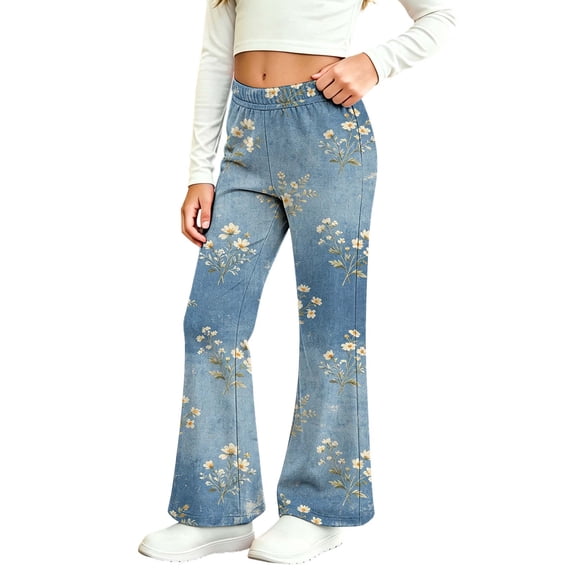 VIPOIN Girls' Boho Flare Pants Floral Print Vintage Y2K Style Bell Bottom Stretchy Trousers