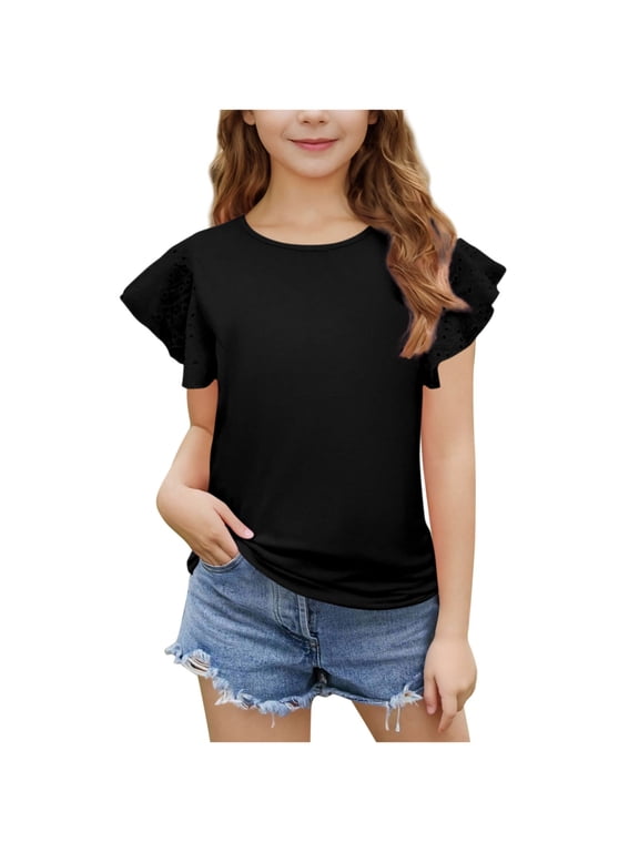 Girls Crew Neck T-Shirt Eyelet Embroidery Flutter Ruffle Sleeve Soft Casual Summer Top