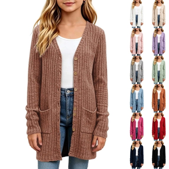 VIPOIN Girls Knit Long Cardigan Sweater, Ribbed Button Down with Side Pockets, Casual Layering Outerwear