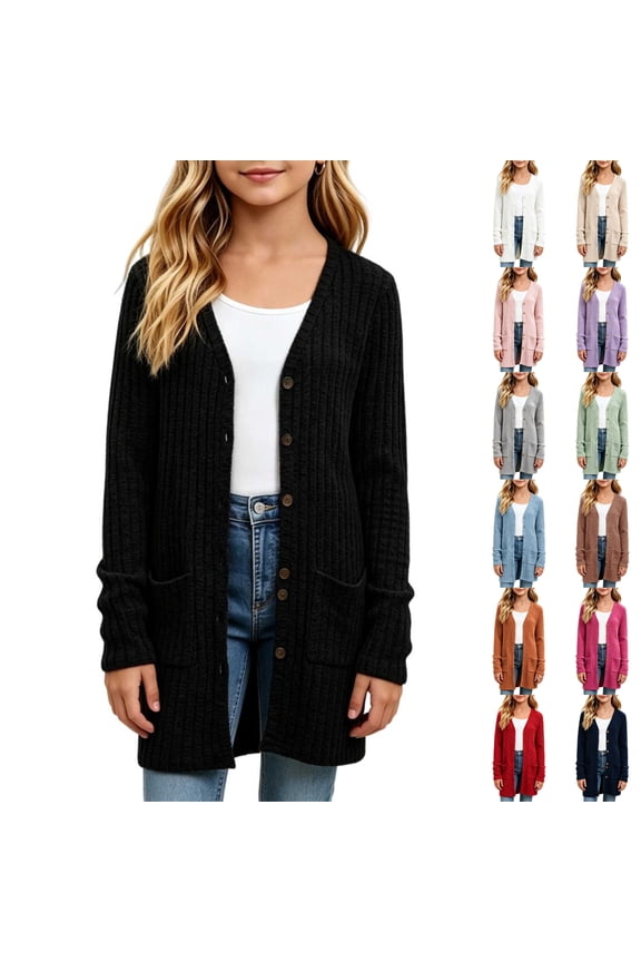 Girls Knit Long Cardigan Sweater, Ribbed Button Down with Side Pockets, Casual Layering Outerwear