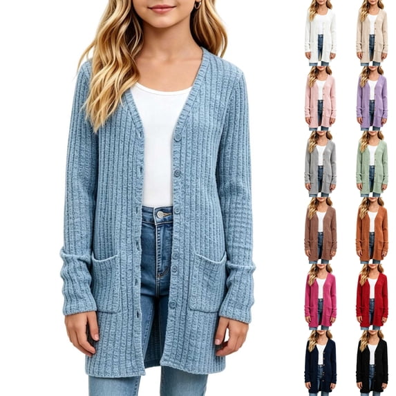 VIPOIN Girls Knit Long Cardigan Sweater, Ribbed Button Down with Side Pockets, Casual Layering Outerwear
