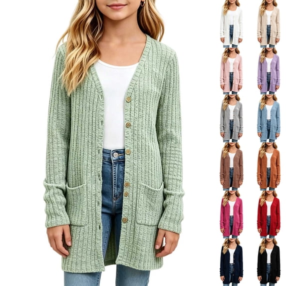 VIPOIN Girls Knit Long Cardigan Sweater, Ribbed Button Down with Side Pockets, Casual Layering Outerwear